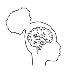 Female Mental health, open mind line icon. Young african woman thinking positive. Head and brain Countour. Vector illustration