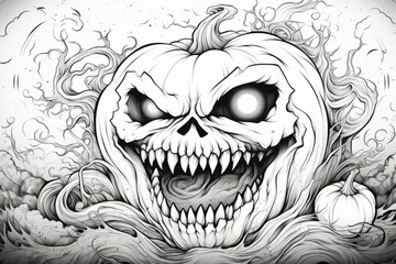 Detailed Drawing of a Scary Pumpkin Face on a Pumpkin