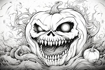 Naklejka premium Detailed Drawing of a Scary Pumpkin Face on a Pumpkin