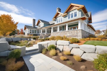shingle style mansion with stonewalled landscaping