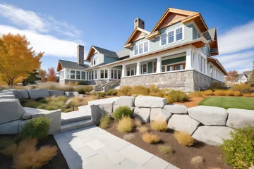 Photo sur Plexiglas Cappuccino shingle style mansion with stonewalled landscaping