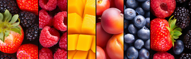 Collection of fruits and vegetables fruit collage background with berries and grapes. Variety of fruit arranged in squares. Assorted berries products collage divided by vertical lines 