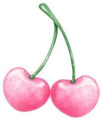 Hot Pink cherries in heart shape watercolor