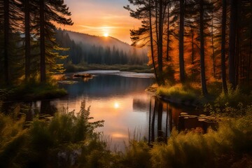 Fototapeta na wymiar Picture the serenity of Sainte-Marguerite Valley Forest at sunset—a narrow river reflecting the warm colors of the evening sky. Immerse yourself in the super realistic beauty