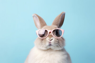 Easter bunny with sunglasses portrait on pastel copy space background. Generative AI