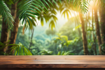 Jungle trees and leaf with Empty Wooden table Podium Close-Up for High-Quality Product Showcase Exquisite. Sunshine Green Forest Background landscape