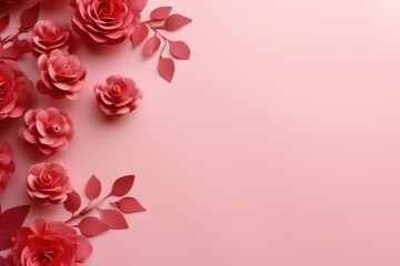 Fototapeta premium Pink roses on pink background with copy space. Valentines day background