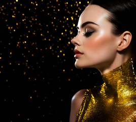 Fashion editorial Concept. Stunning beautiful woman high fashion striking shiny yellow gold glitter shimmer sparkle. illuminated with dynamic composition and dramatic lighting. copy text space	
