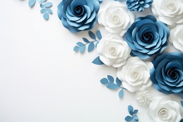 Beautiful blue and white paper roses flowers on white background, top view