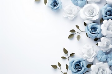 Beautiful blue and white paper roses flowers on white background, top view