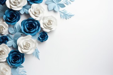 Beautiful blue and white paper roses flowers on white background