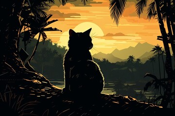 Cat Sitting on Tree Branch in Front of Sunset