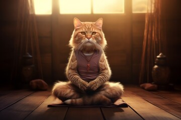 Cat Sitting on Yoga Mat in Room
