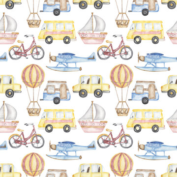 Travel watercolor seamless pattern with airplane, air balloon, bicycle, ship, bus illustration, Transport repeat paper