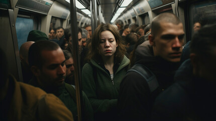 Fototapeta na wymiar Metro Melodies: Woman Caught in the Commuting Symphony, Generative AI