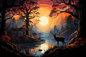 Painting of Deer in Forest, Majestic Wildlife Amidst Serene Nature