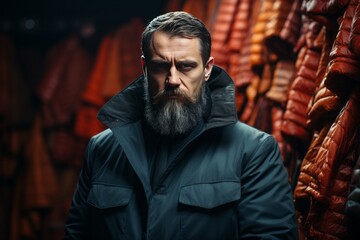 Obraz premium Bearded Man Standing in Front of Meat Rack in Grocery Store