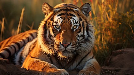 Obraz premium Majestic Tiger Resting Peacefully in the Green Grass
