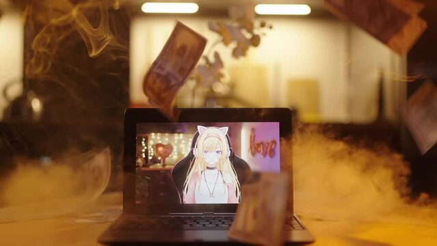 Money banknotes fall on laptop computer with VTuber 4K