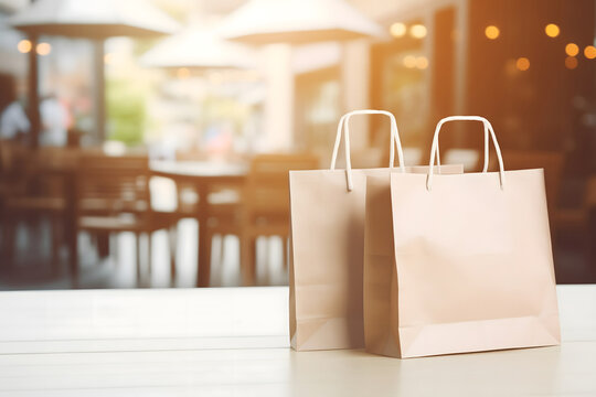 two paper shopping bags on the background of a cozy cafe in the mall or on the street with a place for text
