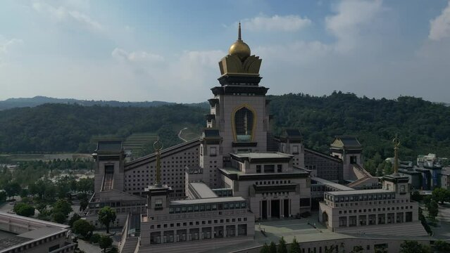 Drone slow motion cinematic video panorama of the Chung Tai Chan monastery, Puli Taiwan. Drone video panoramic view over famous Taiwanese palace. New religious heritage palace.