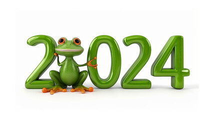 Leap day, one extra day, Leap year 29 February 2024 greeting card. Cute Green Frog Posing with 2024 Numbers on white background.