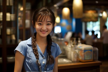 Smiling waitress delivering exceptional service in a comfortable and charming cafe setting