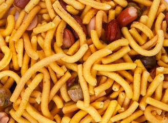 Kara Sev , Indian snackwith peas and peanuts, close-up full frame