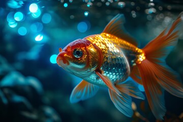 Menacing futuristic goldfish , glowing elements on under the water. Generative AI
