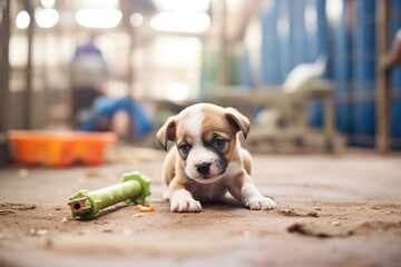 puppy playing with a toy in a shelter pen - obrazy, fototapety, plakaty