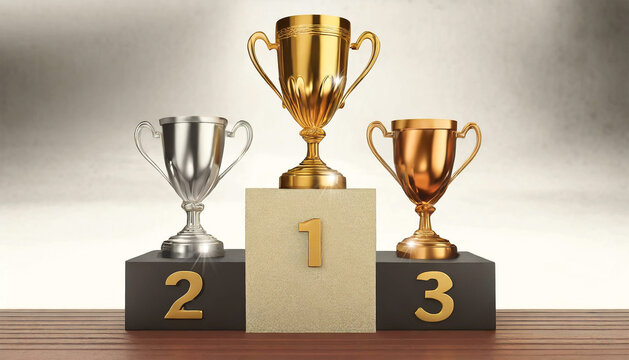3D illustration of three trophies or cups on the podium of the winners. Gold cup in first place, silver cup in second place and bronze cup in third place. Generative Ai.