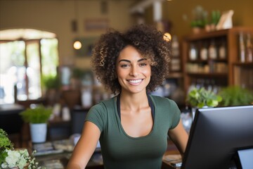 Friendly and approachable saleswoman smiling while efficiently assisting customers