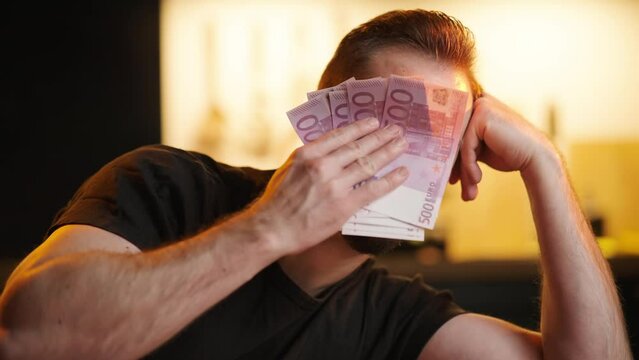 Sad man wipe tears with stack of euro money sarcastic meme 4K