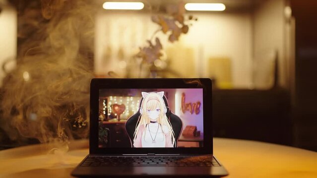 Giving packs of money to VTuber on monitor screen 4K