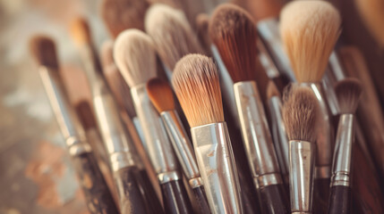 Assorted makeup brushes close-up, beauty and cosmetics tools.
