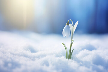 Crocus flower blooming in snow, first spring flower. Close up macro view. Generative AI
