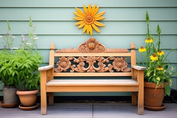 Fototapeta na wymiar carved wooden bench by flower garden