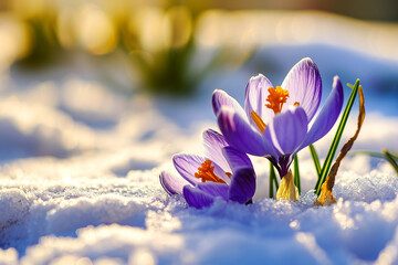 Crocus bulb blooming in snow, first spring flower. Close up macro view. Generative AI.