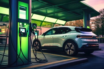  plugging in charging Electric car charging battery at EV charger station. Green energy power.