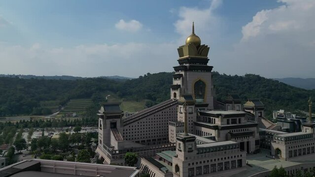 Drone slow motion cinematic video panorama near the Chung Tai Chan monastery, Puli Taiwan. Drone video panoramic view over famous Taiwanese palace. New religious heritage palace.