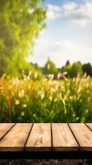 Wooden table spring nature bokeh background, empty wood desk product display mockup with green park...