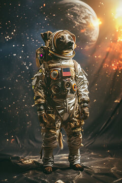 Dog in space suit in cosmic galaxy, fantasy astronaut in universe. Generative AI