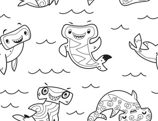 Cute cartoon hammerhead sharks seamless pattern in black and white