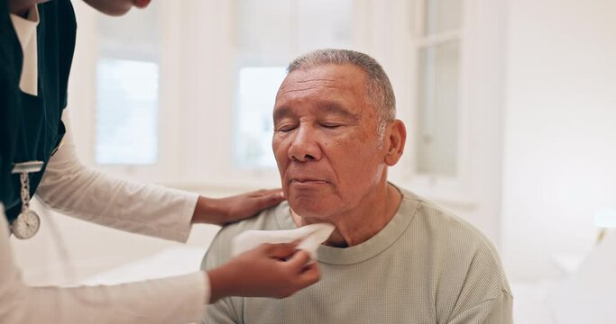 Nurse, old man and cleaning help or caregiver with wash cloth or patient for warm fever, tired or overheating. Male person, woman and towel for cool down in nursing home for support, service or job
