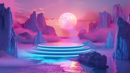 Poster Surreal landscape with neon form in the water and colorful sand. Podium, display on the background of abstract shapes and objects. Fantasy world, futuristic fantasy image. © Jools_art