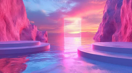 Printed roller blinds Pink Surreal landscape with neon form in the water and colorful sand. Podium, display on the background of abstract shapes and objects. Fantasy world, futuristic fantasy image.