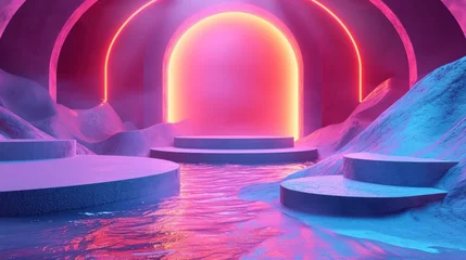 Rolgordijnen Surreal landscape with neon form in the water and colorful sand. Podium, display on the background of abstract shapes and objects. Fantasy world, futuristic fantasy image. © Jools_art