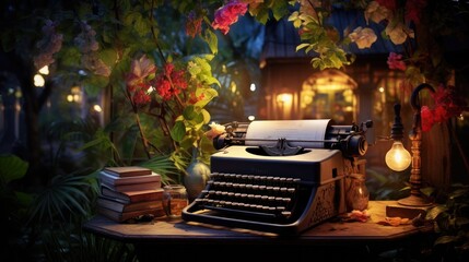 A typewriter sitting on a table in a garden. Generative AI.