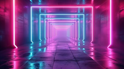 Naklejka premium Abstract neon ultraviolet background, 3d render. Interior of nightclub,tunnel,corridor with concrete walls.Modern laser sci-fi room, visual cyber space, music background. 