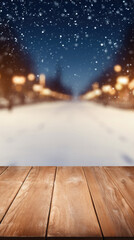 Wooden table snowy trees winter nature bokeh background, empty wood desk product display mockup snow landscape blurry abstract backdrop ads showcase Christmas time presentation. Mock up, copy space.